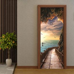 PVC Self-Adhesive Waterproof Mural Wallpaper 3D Seaside Landscape Door Sticker Modern Creative DIY Living Room Bedroom Stickers 210317