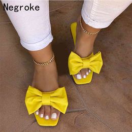 Fashion Bow-knot Beach Slippers Women Summer Outdoor Casual Flats 2020 Comfort Flat Slides Sandals Woman Square Toe Flip Flops X0523
