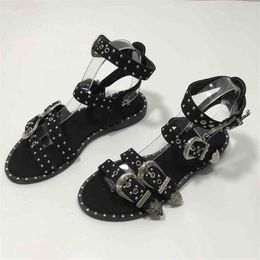 Kadın Sandalet Yaz Toka Toe Ayak Bileği Wrap Toe Açık Metal Arka Kayış Düz Topuklu Bayan Ayakkabı Sandalet Kadınlar için 2020