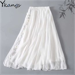 Vintage Flower Embroidered Chiffon Pleated Skirt Women Chinese Buckle Long Skirt Ladies Wild Summer White Streetwear Elegant 210619