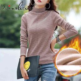 Thick Fleece T shirt Women Striped Turtleneck Long Sleeve Female Cotton Tops Autumn Winter Tshirt Tee ropa mujer T01606B 210421