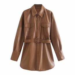 Vintage Woman PU Sashes Shirt Jacket Fashion Ladies Autumn Brown TurnDown Collar Outerwear Female Casual Long Coats 210515