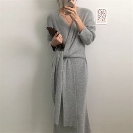 Autumn Winter Korean Belted Long Sweater Dress Women Solid Casual Soft Warm Cashmere Knitted Female Elegant Vestidos 210514