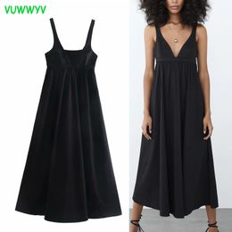 Black Sexy Backless Straps Long Dress Women Summer Poplin Pleated Evening Party Woman Dresses Gathered Waist Vestidos 210430