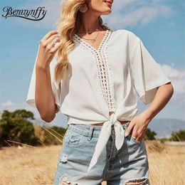 V-neck Hollow out Tie Hem Short Blouses Summer Sleeve Casual Women Loose Solid Tops Fashion Clothes 210510