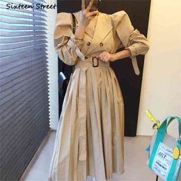 Chic Elegant Dress Woman with Belt Double Breasted High Waisted Maxi Vestido es Vintage Khaki Pleated Female 210603