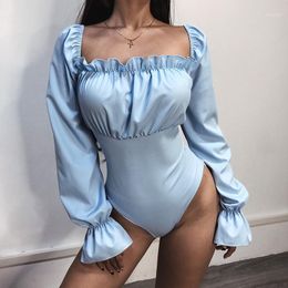 Fashion Lace Up Backless Bodysuit Women Solid Long Sleeve Slim Bodysuits Square Collar Skinny Casual 2021 Women's Jumpsuits & Rompers