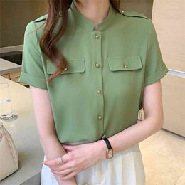 Fashion Women Short Sleeve Korean style Blouse Solid Colour Stand-up collar Casual Ladies Shirts woman shirts 210507