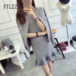 Ladies Knitted Two Piece Set Spring Autumn Sleeveless Dress + Short Jacket Sweater Suits Women Tracksuit Outfit Sets 210525