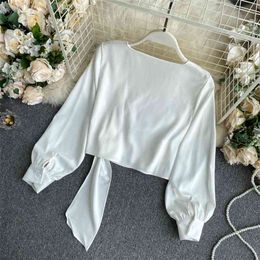 Autumn Japan Style Shirt Tassel Female Design Irregular Nipped Waist Slim V-neck Short Chiffon Blouse Tops GX1060 210507