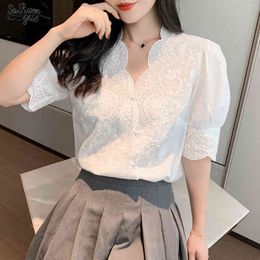 Summer White Short Sleeve Shirts Women Tops Casual Sweet V Neck Blouse Cotton Embroidery Clothing Blusas 13102 210508