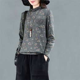 Spring Autumn Arts Style Women Long Sleeve Loose Tee Shirt Femme Cotton Tops Vintage Print Turtleneck Casual T V109 210512
