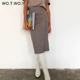 WOTWOY High Waist Wrapped Plaid Skirt Split Slim Midi-Long Pencil Female Casual Side Zippers Mujer Faldas 210621