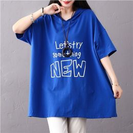 Summer Korea Fashion Women Short Sleeve Loose Hooded Tee Shirt Femme Tops Casual cotton Print Long Tshirt Big Size S712 210512