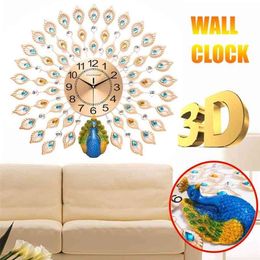 Large 3D Diamond Crystal Quartz Peacock Wall Clocks European Modern Home Living Room Decor Silent Clock Wall 210325