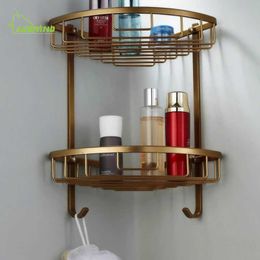 Space Aluminium Bathroom Shelf Antique Brass Double Layer Corner Shelf Basket Bathroom Corner Shelf Bathroom Rack 210724