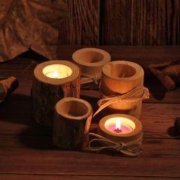 Candle Holders Natural Pine Wooden Candlestick Succulent Plant Pot Tray Handmade Holder Home Table Desktop Decoration Rustic Wedding