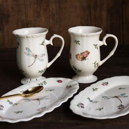 Court Style Creamy Dragonfly Butterfly Goblet Dessert Plate/Vintage Afternoon Tea Set Cups & Saucers