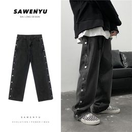 Double Side Button Straight Jeans Men Fashion Streetwear Loose Casual Hip Hop Trousers Wide Leg Harajuku Cargo Pants 211111