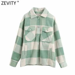 Zevity Women Vintage Stylish Pockets Patch Oversized Plaid Jacket Lapel Collar Long Sleeve Loose Outerwear Coats Chic Tops CT611 210603