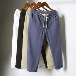 #2607Summer Cotton Linen Pants Men Casual Elastic Waist Vintage Harem Trousers Thin Plus Size Linen Harem Pants White Black Blue X0723