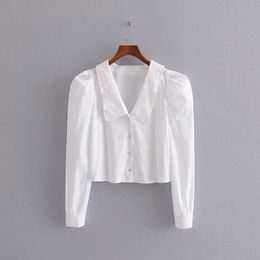 Stylish Chic White Poplin Jewellery Buckle Short Blouse Fashion Lapel Collar Long Sleeve Shirts Tops Casual High Street 210520