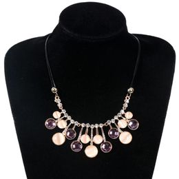 Pinksee Charm Fashion Colorful Round Rhinestone Necklace Women Retro Personality Leather Rope Crystal Flower Clavicle Jewelry Chokers