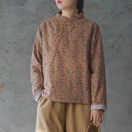 Johnature Women Thick Shirts Vintage Print Floral Stand Blouses Spring Button Long Sleeve Chinese Style Female Shirts 210521