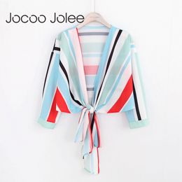 Sexy Deep V-Neck Women Colourful Striped Blouse Lace up Design Nine Quarter Sleeves Summer Wearings 210428