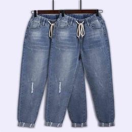 Ripped Jeans For Women High Waist Plus Size Drawstring Loose Denim Harem Pants Femme 5xl 6xl 7XL 130kg 210708