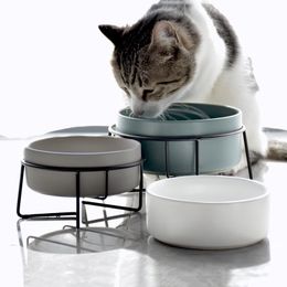 New Cute Ceramic Cat Bowl Universal Pet Eating Drinking Bowl Bamboo Rack Antiskid Dog Cat Tableware Bowls Pet Supplies Y200922