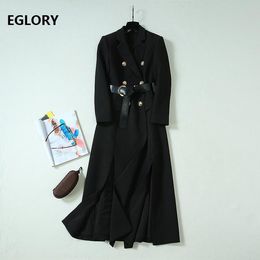 Women's Jackets Black Long Coats High Quality Designer Women Turn-down Collar Golden Buttons Up Belt Patchwork Split Casual Overcoat Female