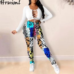 Sweatpants Women Fashion Snake Print Patchwork Mid Waist Woman Pants Plus Size Casual Female Pencil Sexy Trousers 210513