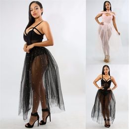 Tulle Transparent Beading Skirt Women Summer Mesh Female Black Pearl Tutu Elastic Waist Vintage Sheer Pleated 210517