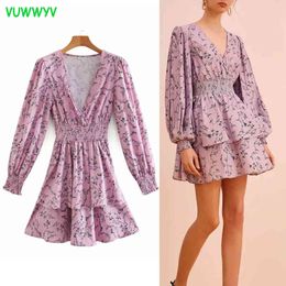 VUWWYV Pink Print Mini Dress Women Birthday Party Pleated Woman Long Sleeve Elastic Gathered Waist Short Vestidos 210430