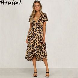 Dress For Women Sexy Leopard Print V-Neck Bandage Summer Lrregular Hem Casusal Elegant Loose Midi Party 210513