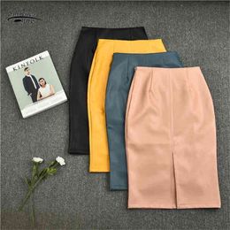 Korean PU Leather Skirts Women High Waist Straight Midi Solid Split Plus Size Spring Summer Skirt 9671 210521