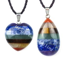 Reiki 7 Chakra Gemstone Necklace Lucky Protection Spiritual Bonded Multicolor Natural Quartz Crystal Thumb Worry Stone Heart Water Drop Shape Pendant for Anxiety