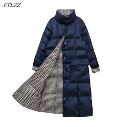Women Winter Double Sided Down Jackets Stand Collar White Duck Coat Female Light Long Parkas Snow Overcoat 210430