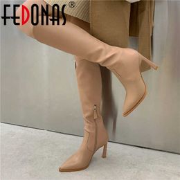 Elegant Side Zipper Tight High Boots Genuine Leather Heels Shoes Woman Fall Wedding Basic Knee 210528
