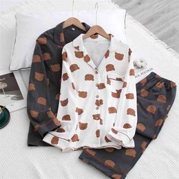 Japanese style spring and autumn couple cotton long-sleeved trousers Pyjamas suit female four seasons home service men 210830