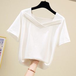 Lucyever Summer White Pure Cotton T-shirt Women Casual Solid Colour V-neck Short Sleeve Tees Woman Fashion Slim Stretch Tops 210521