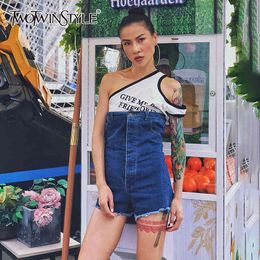 TWOTWINSTYLE Casual Patchwork Tassel Denim Women's Jumpsuit Off Shoulder Sleeveless High Waist Jumpsuits Female Summer 210517