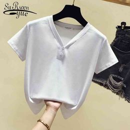 Casual White Pink Shirt Fashion Ladies Summer Short Sleeve V-neck Tee Solid Tops Female T-shirt 4957 50 210521