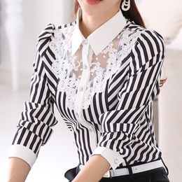 New Women Lace Spliced Embroidery OL Blouses Tops Feminine Slim Shirt Korean Fashion Stripe Tops Plus Size 4XL 210317