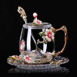 -Tazze smalto farfalla fiore tazza di vetro tazza da caffè tazze di tè resistente al calore occhiali acqua casa drinkware pomeriggio teacup amanti regalo