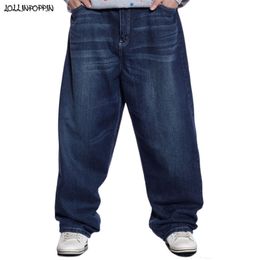 Men Wide Leg Blue Jeans Hip Hop Streetwear Plus Size Bleached Baggy Fit Skateboarder Denim Pants 210319