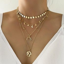 Pendant Necklaces Fashion Boho Gold Round Sequins Star Moon Horn Hollow Earth Necklace For Women Vintage Multilevel Chain Collar Jewellery