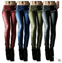 Women's Retro Pu Pants Leather Steampunk Rivet Zipper Pencil Gothic Tight Street Style Autumn Casual Women & Capris