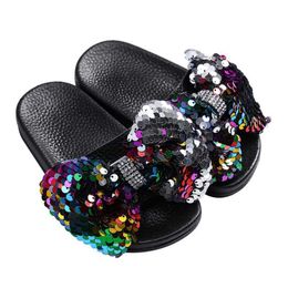 Kids Slippers Baby Toddler Sandal Girls Summer Bow Sequin Children Beach Shoes Big Indoor Home Casual Flip Flop 210712